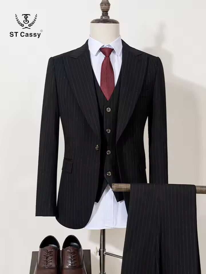 ST Cassy high-quality black striped suit slim fit luxurious and elegant men's business suit wedding fashion clothing 3-piece set