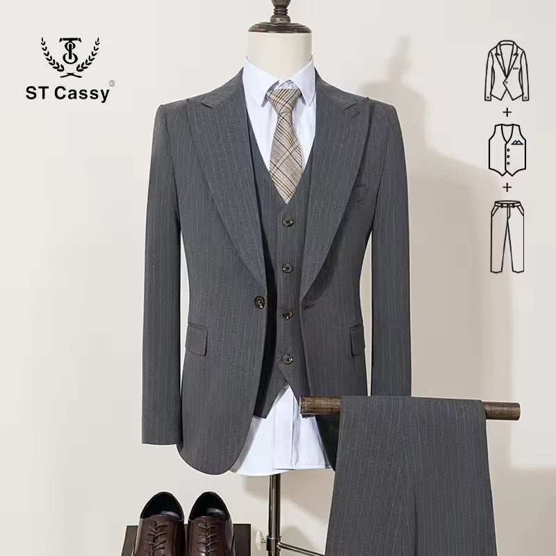 ST Cassy high-quality black striped suit slim fit luxurious and elegant men's business suit wedding fashion clothing 3-piece set