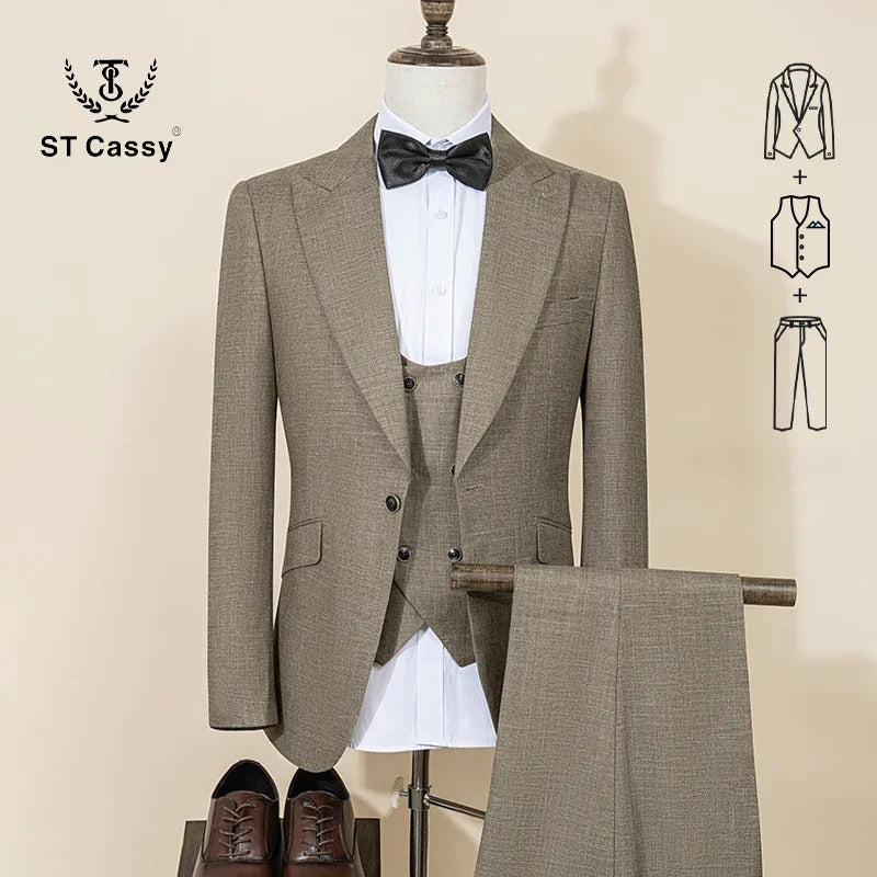 ST Cassy High Quality Male Groom Wedding Blazers Slim fit casual evening gown Business Office khaki Men's Suits