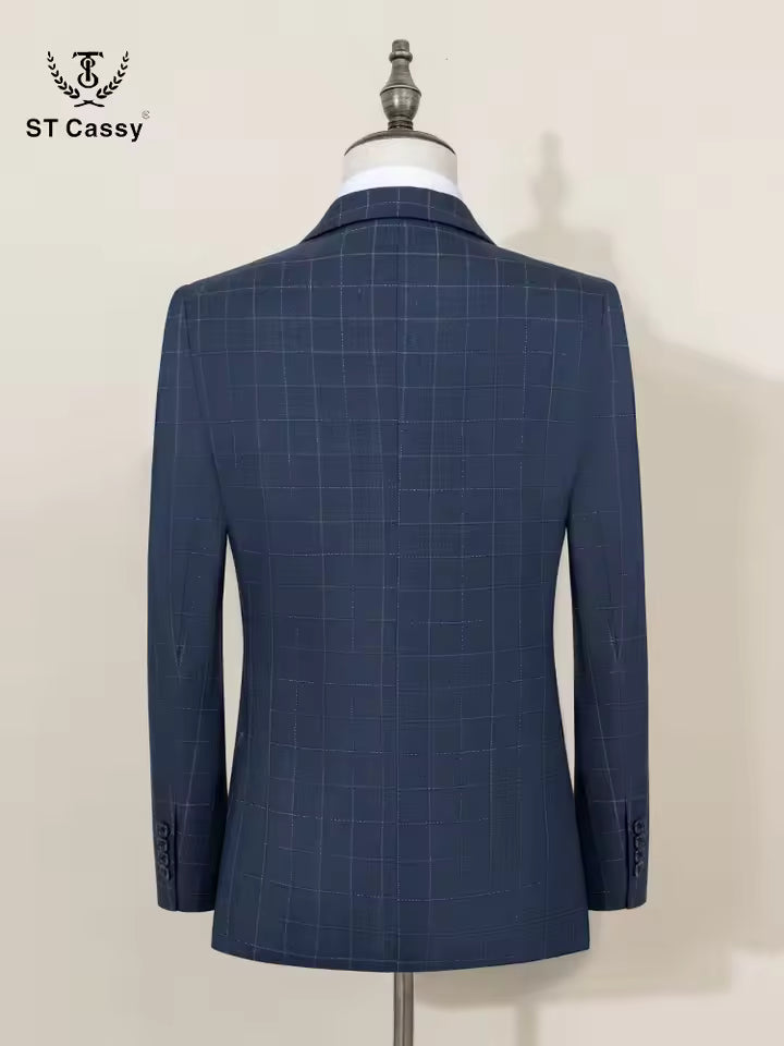 ST Cassy High Quality dark blue Plaid suit One Button Lapel Formal Blazer Slim fit jacket