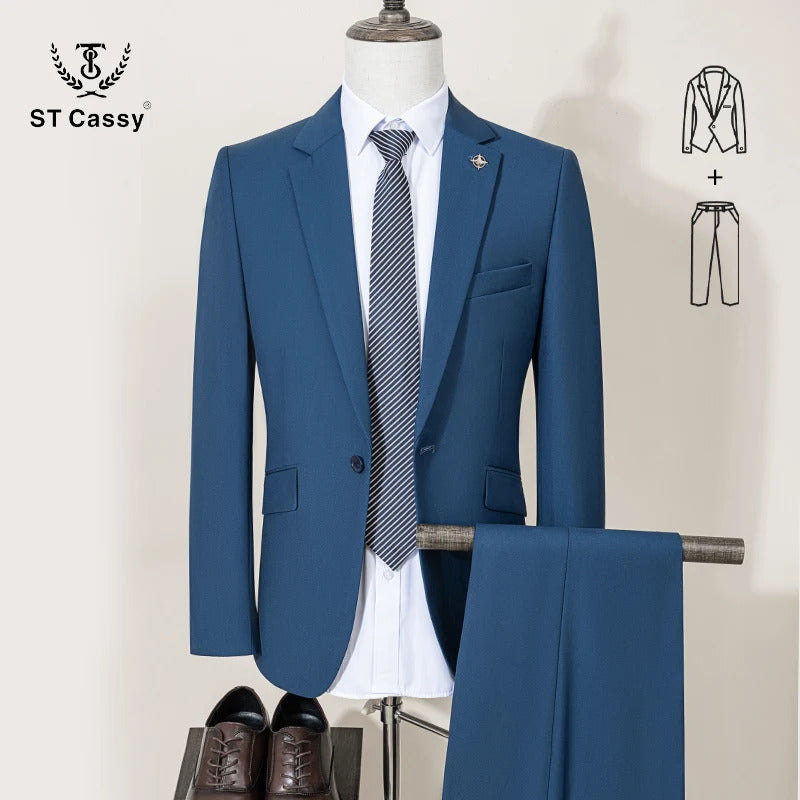 ST Cassy High Quality Men's Suit Slim Fit Solid Color Suit Formal Business Office Single Breasted Coat Pants 2 Pieces Set