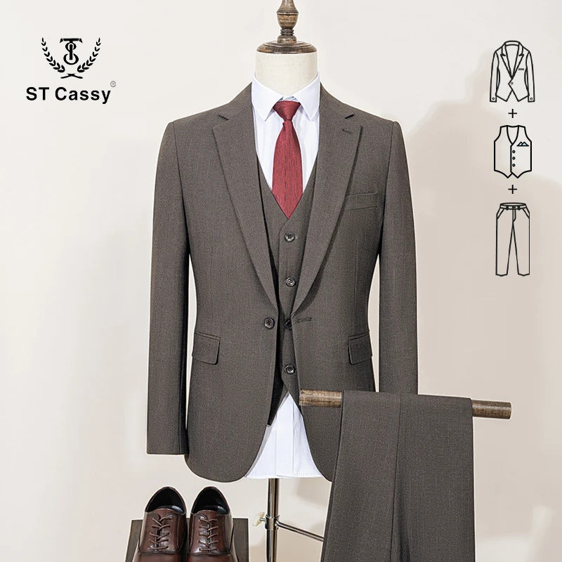 ST Cassy High-end Brand Formal Business Men's Suits Lapel Formal Blazer Slim Fit(jacket+Vest+Pants)