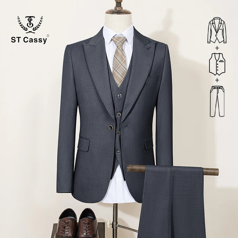 ST Cassy High Quality Men's Suit Summer thin Green Slim Fit Formal Business Office Men's Suits(jacket+Vest+Pants)