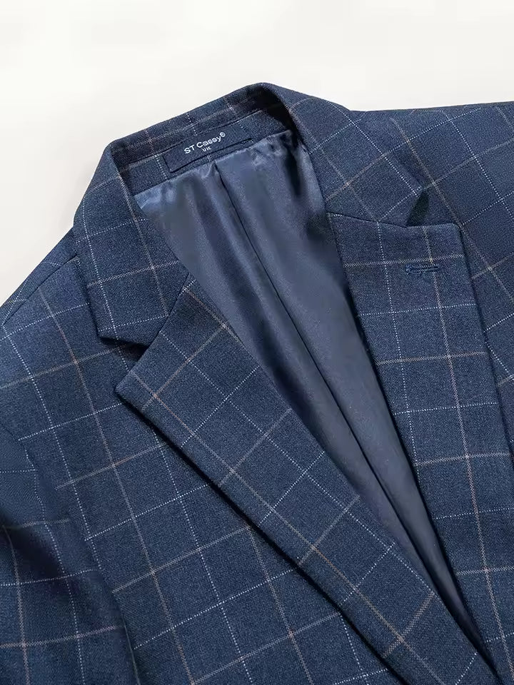 ST Cassy High Quality dark blue Plaid suit One Button Lapel Formal Blazer Slim fit jacket