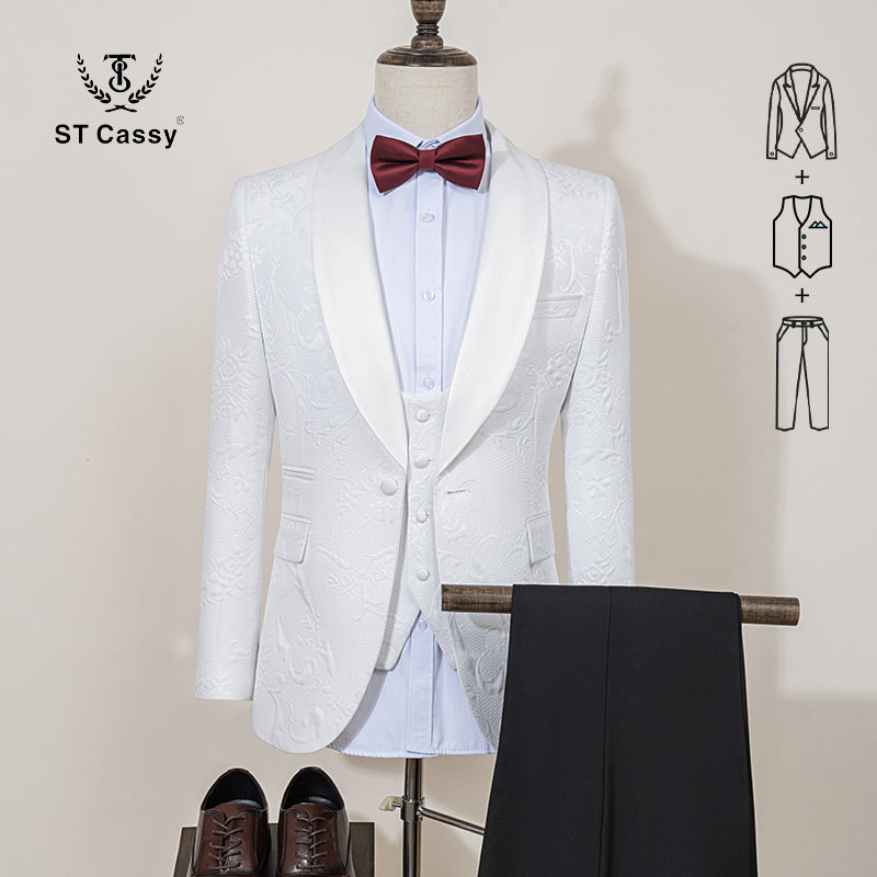 ST Cassy High Quality Retro carving Party Dress Slim Fit Tuxedo Prom Suit Fashion black Male Groom Wedding three-piece