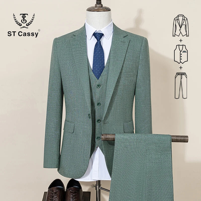 ST Cassy High Quality Formal Business Office Men's Suits Slim Fit Lapel Solid Color Suit(jacket+Vest+Pants)