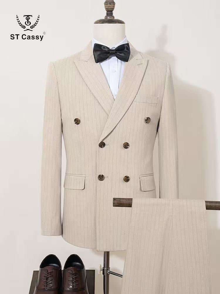 ST Cassy Men Striped suit Double Breasted High-end Brand Formal Business Slim Fit Coat Pants 2 Pieces Set Fashionable and Casual