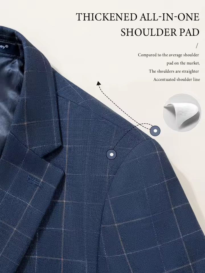 ST Cassy High Quality dark blue Plaid suit One Button Lapel Formal Blazer Slim fit jacket