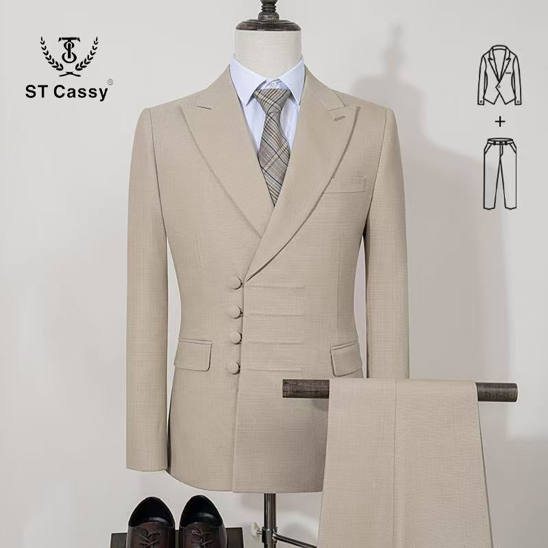 ST Cassy Elegant man suit for wedding Slim Fit Double Breasted Multiple buttons Casual Business man 2 piece outfit set