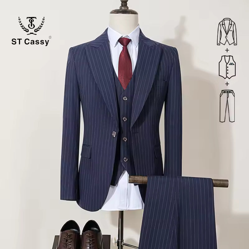 ST Cassy high-quality black striped suit slim fit luxurious and elegant men's business suit wedding fashion clothing 3-piece set