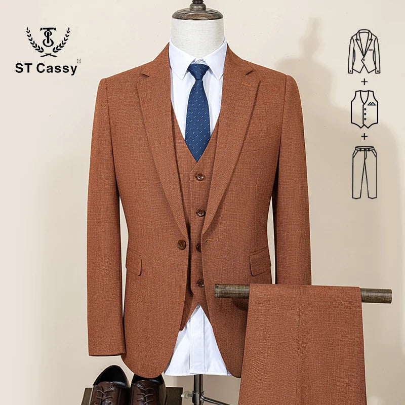 ST Cassy High Quality Formal Business Office Men's Suits Slim Fit Lapel Solid Color Suit(jacket+Vest+Pants)