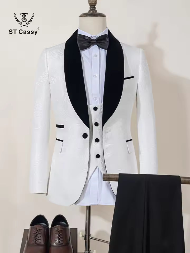 ST Cassy High Quality Retro carving Party Dress Slim Fit Tuxedo Prom Suit Fashion black Male Groom Wedding three-piece