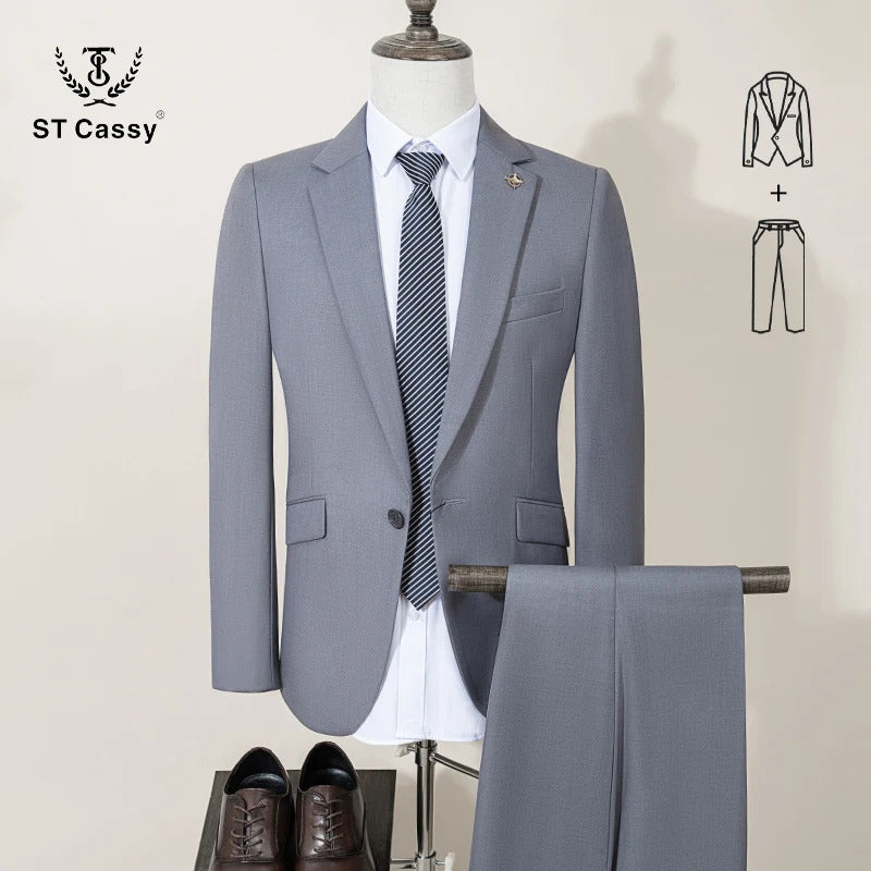 ST Cassy High Quality Men's Suit Slim Fit Solid Color Suit Formal Business Office Single Breasted Coat Pants 2 Pieces Set