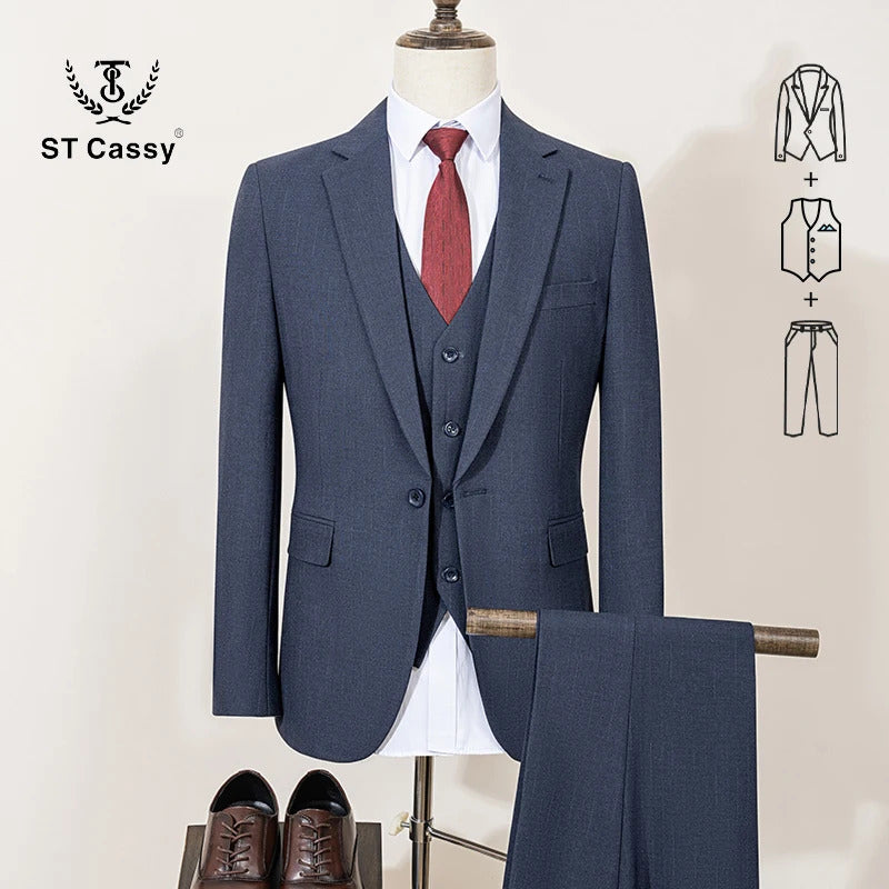 ST Cassy High-end Brand Formal Business Men's Suits Lapel Formal Blazer Slim Fit(jacket+Vest+Pants)