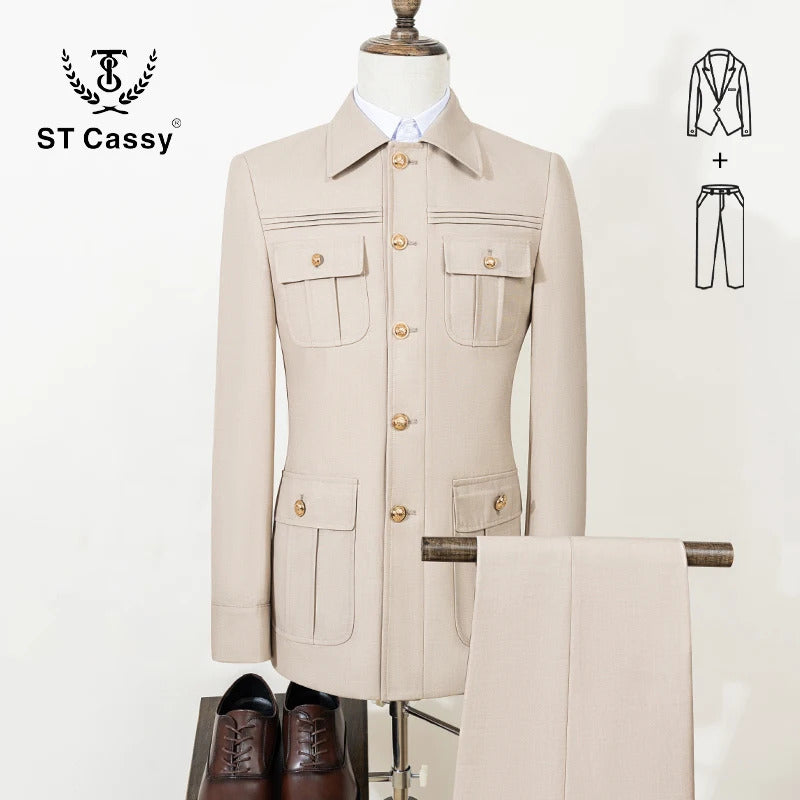 ST Cassy Men's Suit Classic Fit Single Breasted Multiple pockets Solid Color Casual Business Dress Suit