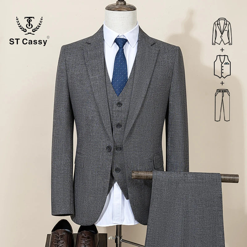 ST Cassy High Quality Formal Business Office Men's Suits Slim Fit Lapel Solid Color Suit(jacket+Vest+Pants)