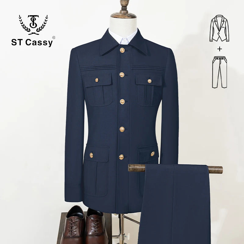 ST Cassy Men's Suit Classic Fit Single Breasted Multiple pockets Solid Color Casual Business Dress Suit