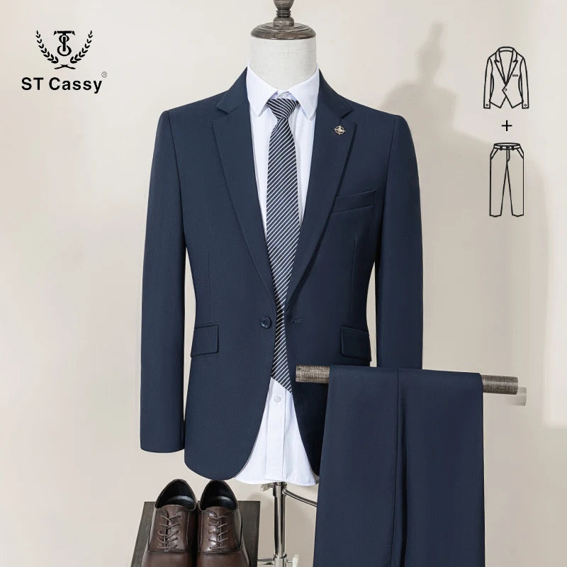 ST Cassy High Quality Men's Suit Slim Fit Solid Color Suit Formal Business Office Single Breasted Coat Pants 2 Pieces Set