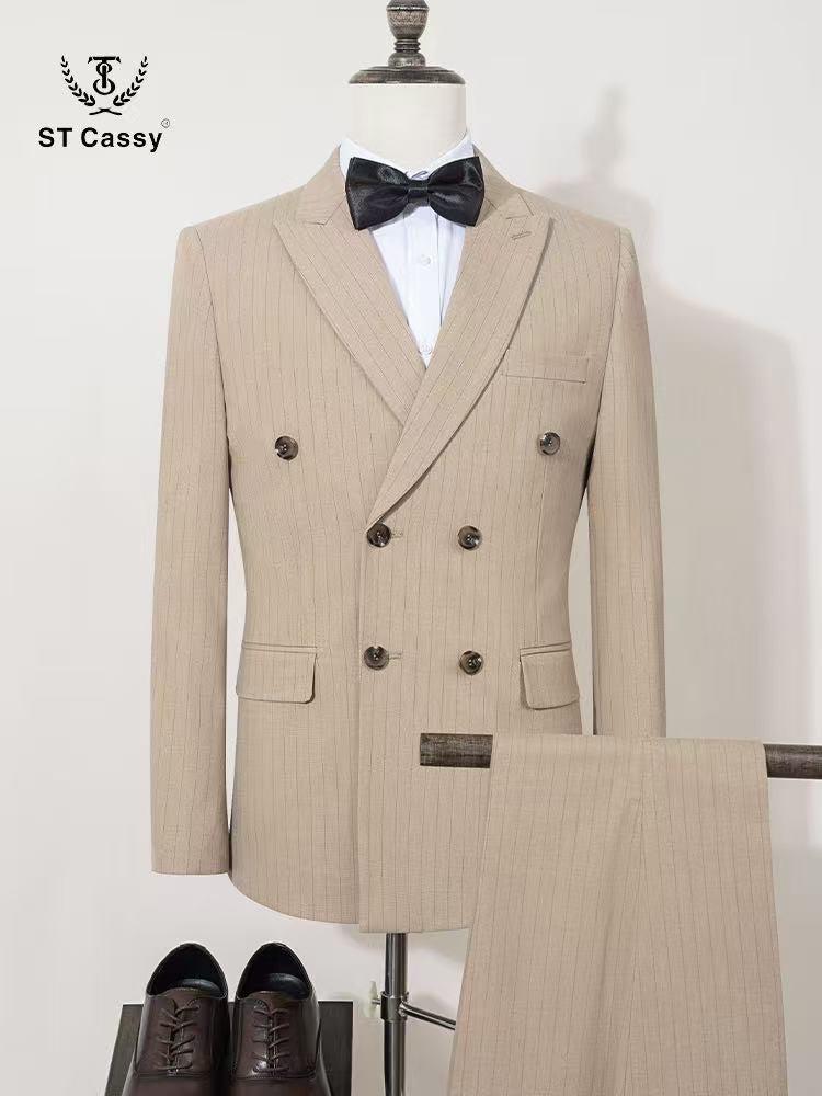 ST Cassy Men Striped suit Double Breasted High-end Brand Formal Business Slim Fit Coat Pants 2 Pieces Set Fashionable and Casual