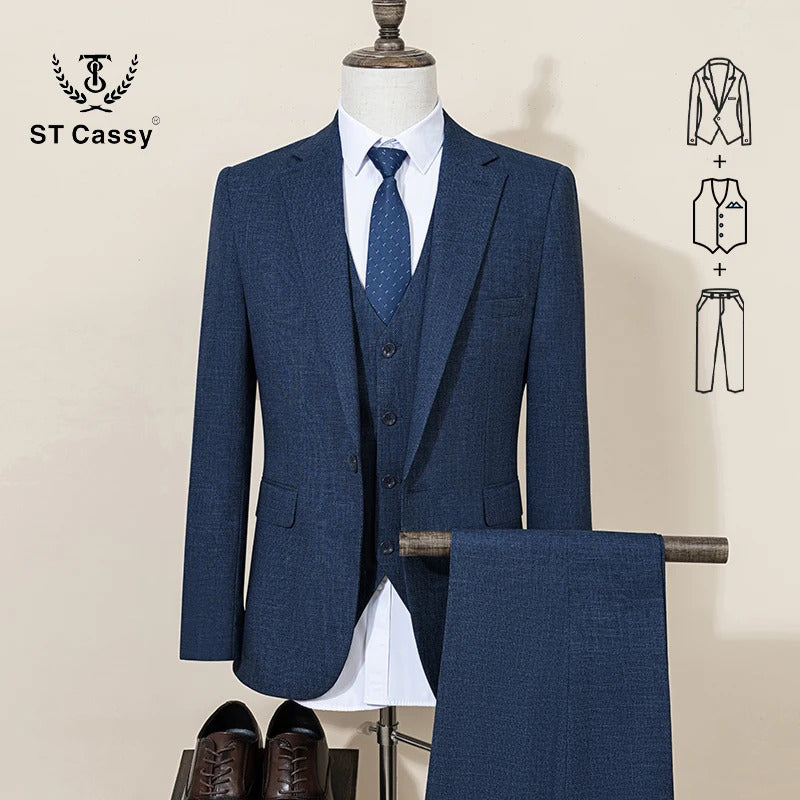 ST Cassy High Quality Formal Business Office Men's Suits Slim Fit Lapel Solid Color Suit(jacket+Vest+Pants)