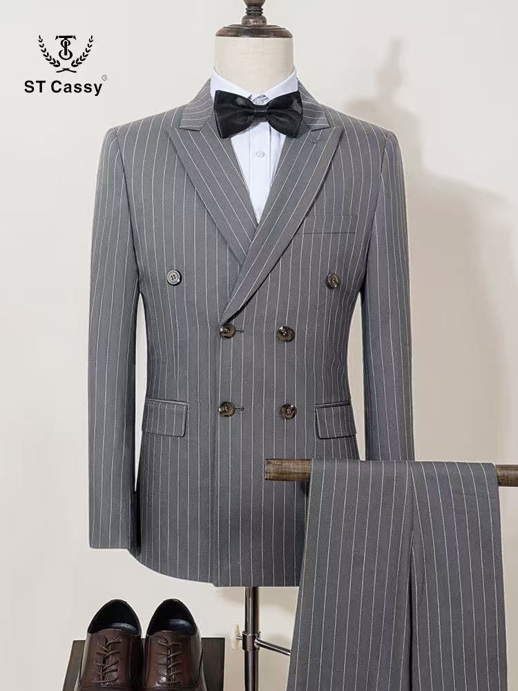 ST Cassy Men Striped suit Double Breasted High-end Brand Formal Business Slim Fit Coat Pants 2 Pieces Set Fashionable and Casual