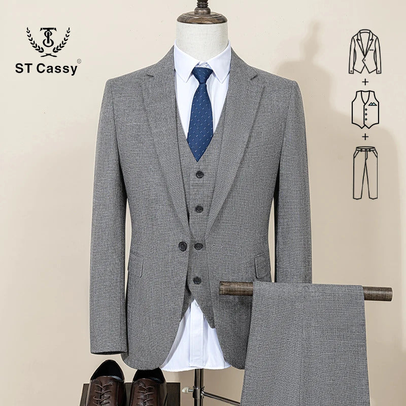 ST Cassy High Quality Formal Business Office Men's Suits Slim Fit Lapel Solid Color Suit(jacket+Vest+Pants)