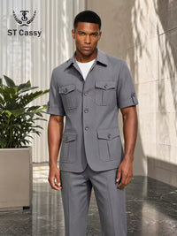 ST Cassy Short Sleeve man suits Safari 2 Piece set Jacket +Pants Business Outwear Costum leisure Summer thin version High quality