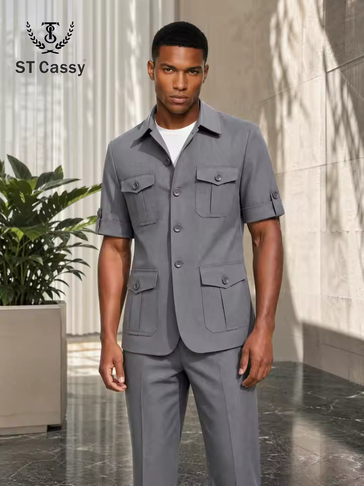 ST Cassy Short Sleeve man suits Safari 2 Piece set Jacket +Pants Business Outwear Costum leisure Summer thin version High quality