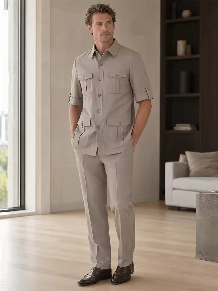 ST Cassy Short Sleeve man suits Safari 2 Piece set Jacket +Pants Business Outwear Costum leisure Summer thin version High quality