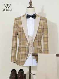 ST Cassy Yellow grid man suit Stylish Groom Suit Set Luxury Wedding Tuxedo Men's Formal Blazer Party Wear
