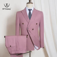 ST Cassy 2026 New pink Men's Suit 2-Piece Set jacket+pants Double breasted Slim Fit Business Casual Formal Wear Wedding/Interview Ready