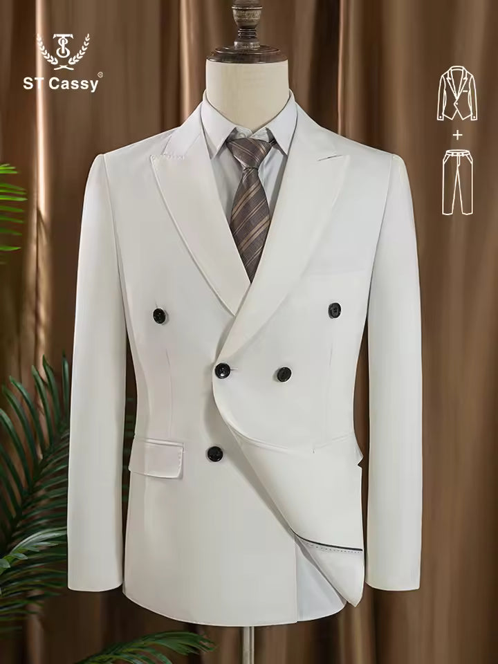 ST cassy Elegant White Double Breasted Suit Set 2 Piece Business Wedding Outfit Classic Stylish Blazer Pants Modern Trendy