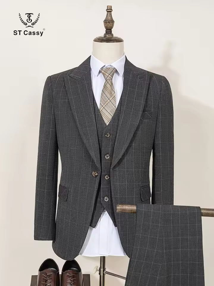 ST Cassy High Quality Men's Plaid suit Slim Fit Male Groom Wedding Blazers evening gown（jacket+Vest+Pants）