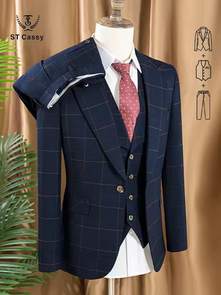 ST Cassy high quality 3 Piece Checkered Suit Set dark blue Stylish Business Office Wedding Formal Outfit Elegant full man suit