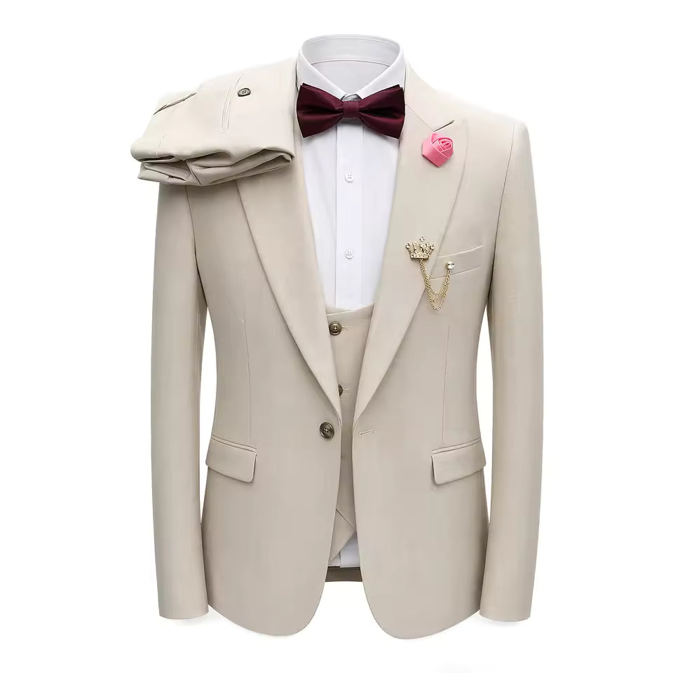 ST Cassy 3-piece elegant casual suit set for men, slim-fitting business professional formal wear, groom's dress suit jacket