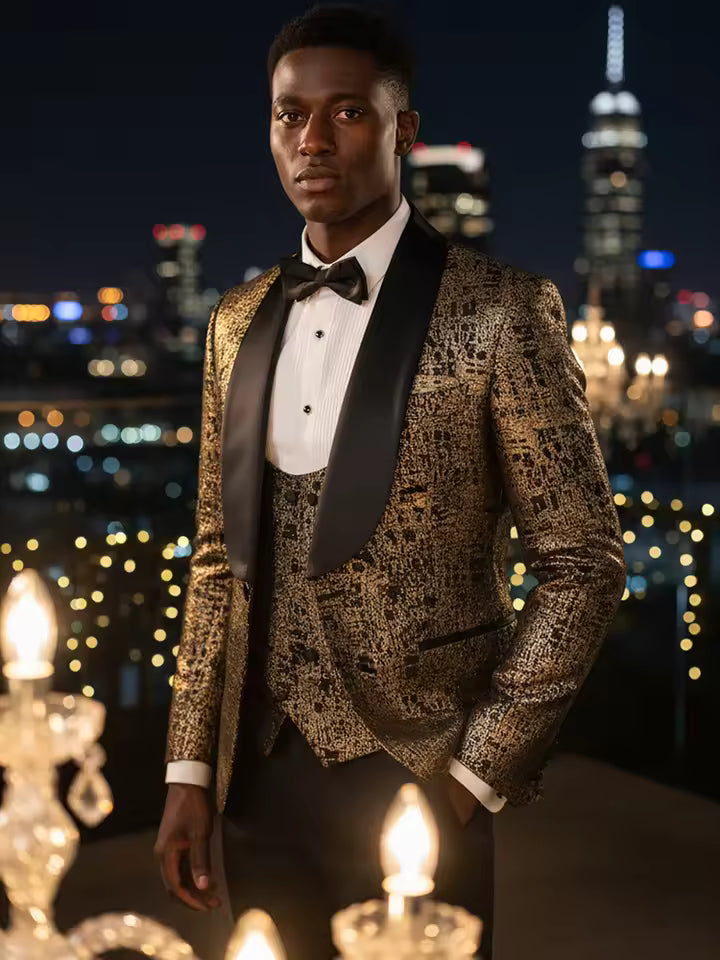 ST Cassy Luxury men's suit 3-piece black gold groom's wedding suit set, men's slim Tasdo big shawl collar evening gown