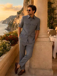 ST Cassy Short Sleeve man suits Safari 2 Piece set Jacket +Pants Business Outwear Costum leisure Summer thin version High quality