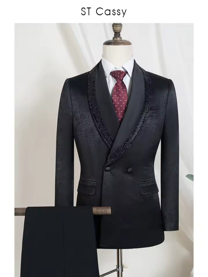 ST Cassy Luxury and fashionable men's suit Rhinestone Collar Shawl Lapel black Wedding Suit 2 Piece Set Groom Tuxedo Banquet