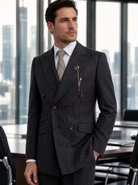 ST Cassy Men Striped Suit 2 Pieces Double Breasted, Black Pinstripe, Italian Cut British Style High Quality Elegant Jacket & Trousers