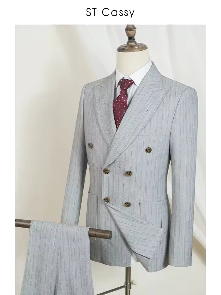 ST cassy gray 2 Pcs set（Jacket+pants）Men's Suit Stripe Double Breasted Wedding Groom costume leisure office Business Suit 2 sold byST Cassy Official St... (4.9 | 1,000+ sold ) 2 sold