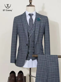 ST Cassy  Men's gray grid suit graduation gown Prom Suit Classic Black Tuxedo Groom Wedding Blazer Slim Fit Party Outfit