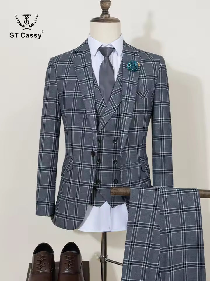 ST Cassy  Men's gray grid suit graduation gown Prom Suit Classic Black Tuxedo Groom Wedding Blazer Slim Fit Party Outfit