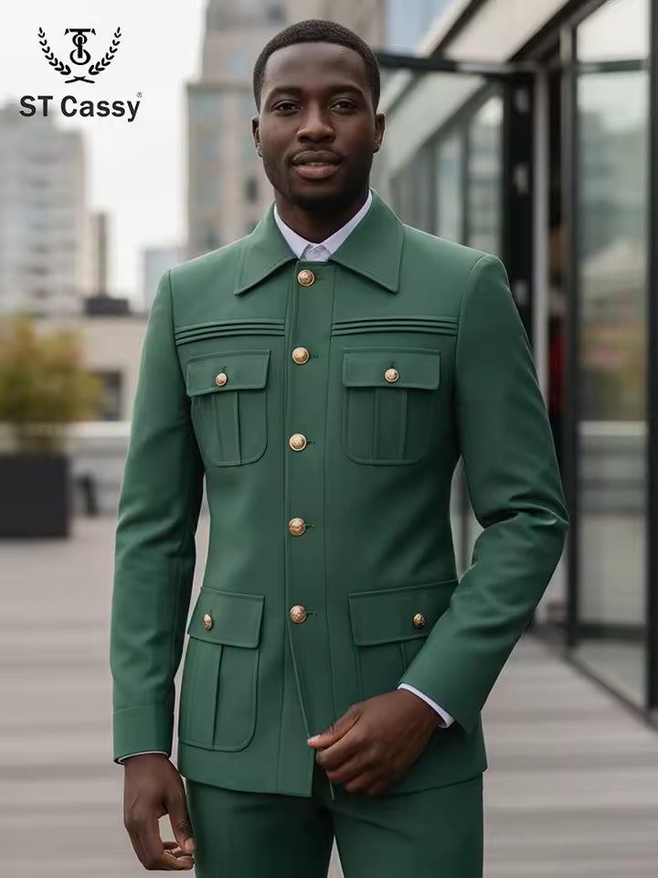 ST Cassy Men's Suit Classic Fit Single Breasted Multiple pockets Solid Color Casual Business Dress Suit