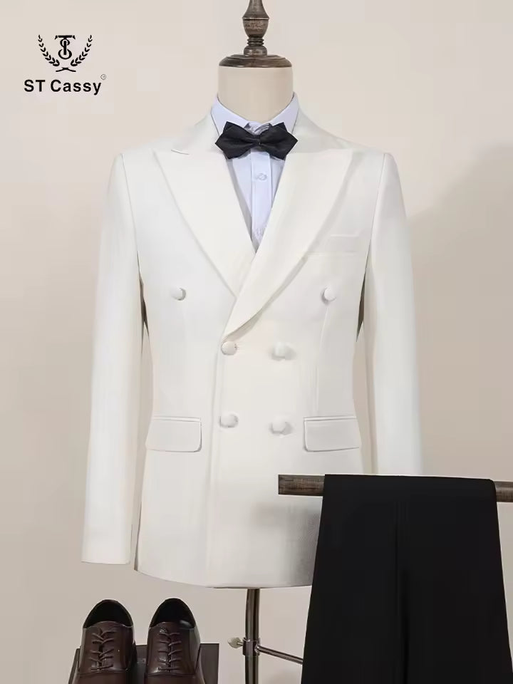 ST Cassy white Elegant Groom Tuxedo Men Prom Suit Double Breasted Graduation Formal Wear