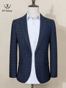ST Cassy High Quality dark blue Plaid suit One Button Lapel Formal Blazer Slim fit jacket