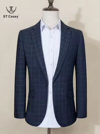 ST Cassy High Quality dark blue Plaid suit One Button Lapel Formal Blazer Slim fit jacket