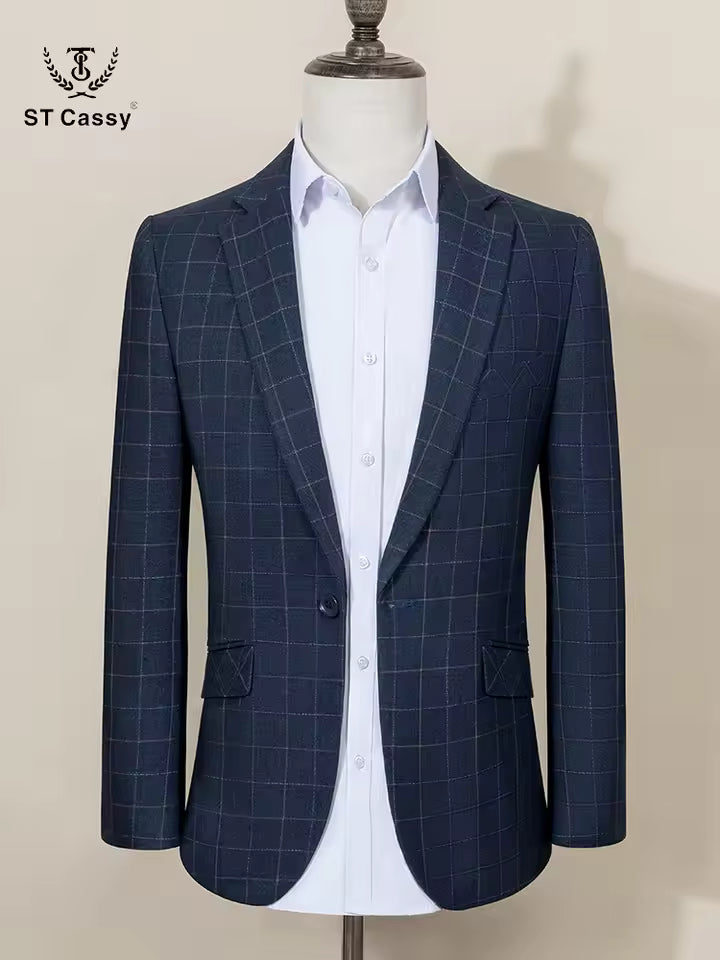 ST Cassy High Quality dark blue Plaid suit One Button Lapel Formal Blazer Slim fit jacket