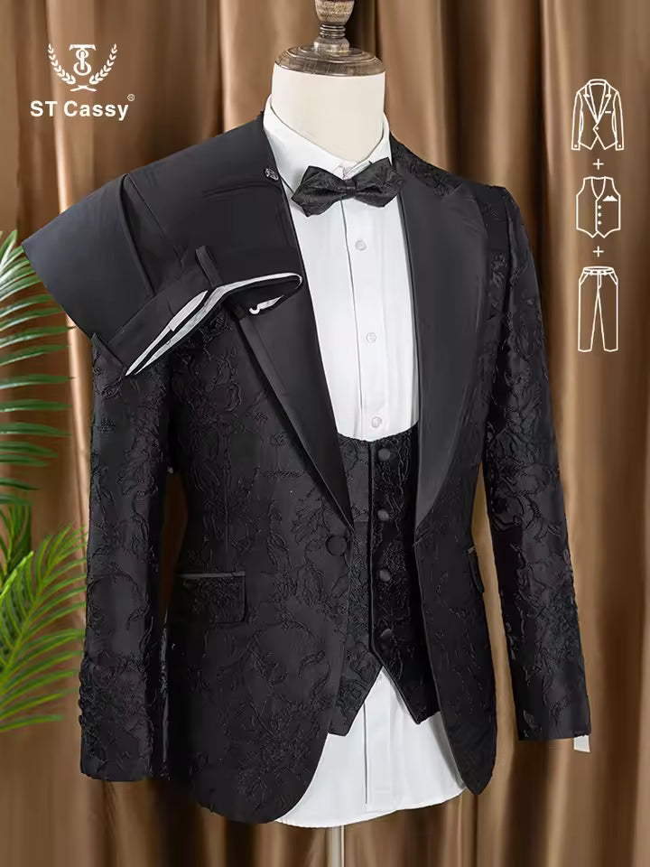 ST Cassy High Quality Retro carving Party Dress Slim Fit Tuxedo Prom Suit Fashion black Male Groom Wedding three-piece