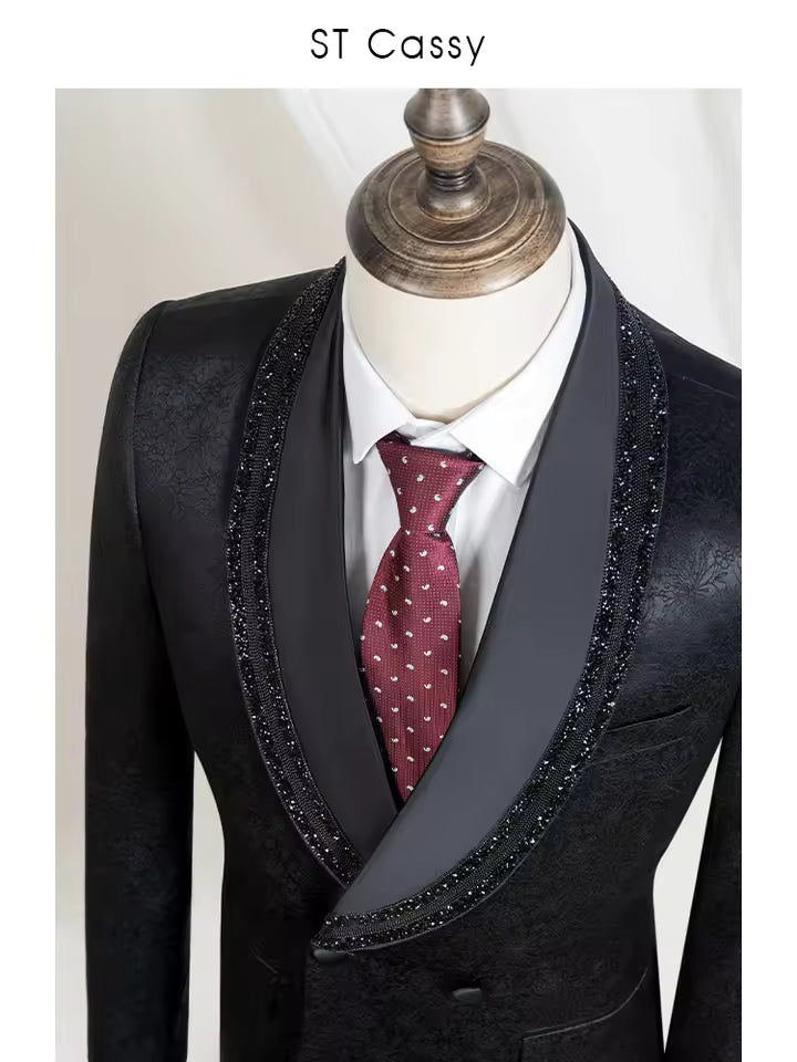 ST Cassy Luxury and fashionable men's suit Rhinestone Collar Shawl Lapel black Wedding Suit 2 Piece Set Groom Tuxedo Banquet