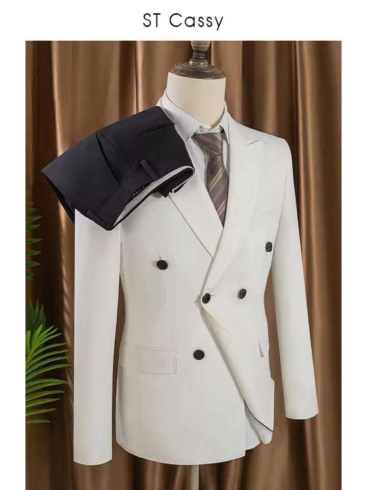 ST cassy Elegant White Double Breasted Suit Set 2 Piece Business Wedding Outfit Classic Stylish Blazer Pants Modern Trendy